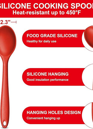 E-far Silicone Cooking Spoon Set of 2, Heat Resistant Kitchen Spoons Utensils Nonstick Mixing Spoon for Baking Stirring Serving, Non-Toxic & Dishwasher Safe (Red)