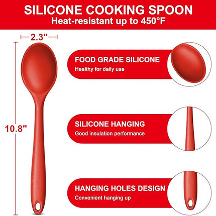 E-far Silicone Cooking Spoon Set of 2, Heat Resistant Kitchen Spoons Utensils Nonstick Mixing Spoon for Baking Stirring Serving, Non-Toxic & Dishwasher Safe (Red)