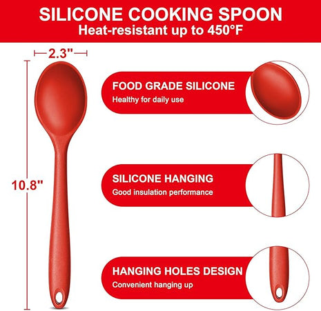 E-far Silicone Cooking Spoon Set of 2, Heat Resistant Kitchen Spoons Utensils Nonstick Mixing Spoon for Baking Stirring Serving, Non-Toxic & Dishwasher Safe (Red)