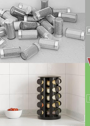 New England Stories Revolving Spice Rack Set with 20 Spice Jars, Kitchen Spice Tower Organizer for Countertop or Cabinet - Carousel Storage Includes 386 Spice Labels (Black)