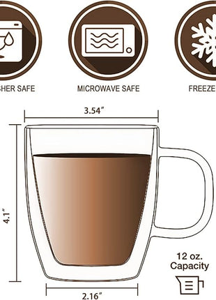 Glass Coffee Mug, Double Wall Insulated Glass Cup 12 Oz Heat-resistant Clear Coffee Mug for Tea Coffee Latte Espresso Cappuccino and Beverage, Set of 1 (Round)