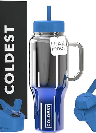 Coldest Tumbler with Handle and Straw - 100% Spill Proof Tumbler with Straw (3 Lids) - Stainless Steel Insulated Leakproof Tumblers for Women & Men - Cup Holder Friendly - 36 oz (Water Nova)