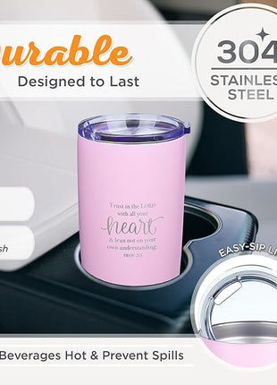 Christian Art Gifts Stainless Steel Double-Wall Vacuum Insulated Travel Mug 18 oz Pink Tumbler with Lid for Women Inspirational Bible Verse - Trust in the Lord - Proverbs 3:5