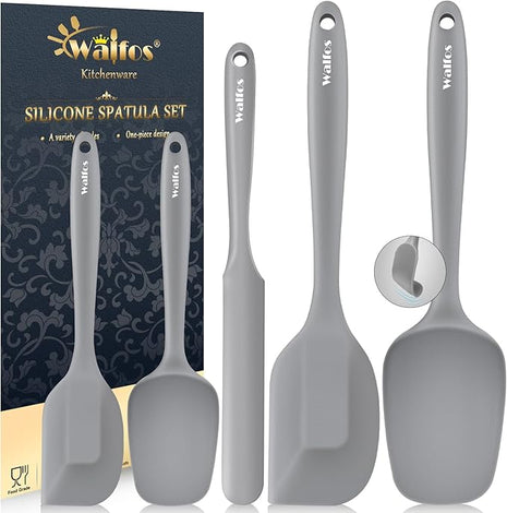 Walfos Silicone Spatula -5 Pieces Heat Resistant Kitchen Spoon Spatulas（600°F), Strong Steel Core and One-Pieces Seamless Design, Prefect for Cooking Mixing Baking - BPA Free and Dishwasher Safe,Gray
