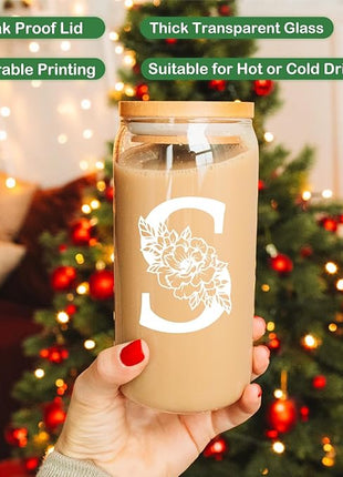 Coolife Initial Glass Cup, Monogrammed Gifts for Women, 16 oz Glass Cups w/Lids Straws, Iced Coffee Smoothie Beer Tumbler w/Straw Lid - Personalized Christmas, Birthday Gifts for Her Mom Friend Woman