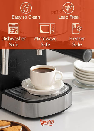 Sweese 2.5 Ounce Porcelain Stackable Espresso Cups with Saucers and Metal Stand Set of 4, White