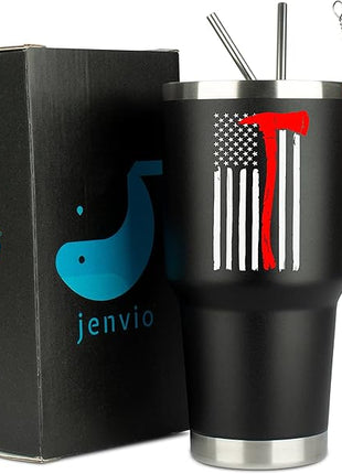 JENVIO Firefighter Gifts for Men | Stainless Steel Travel Tumbler/Mug with Two Lids and Gift Box | Thin Red Line Flag Design for Fireman Gift | Christmas Department | First Responder