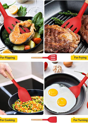 Pack of 2 Silicone Cooking Spatula, Heat Resistant Solid Turner, Non Stick Slotted Spatulas with Wooden Handle,Ideal Wood Kitchen Utensils Set for Frying, Baking, Flipping, Turning (RED)