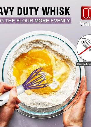 Walfos Whisk,Silicone Whisk Heat Resistant (480°F) Kitchen Whisks set of 5.Non Scratch Coated Whisks for Nonstick Cookware,Egg Wisk Premium for Blending,Whisking,Beating,Frothing. (Purple)
