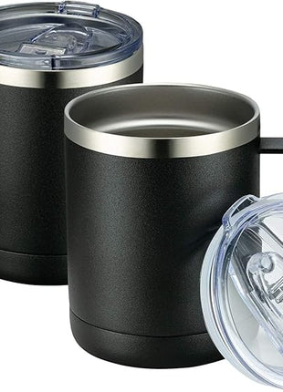 MEWAY 12oz Coffee Mug With Handle 2 Pack Bulk,Stainless Steel Insulated Travel Tumblers With Sliding Lid,Double Wall Vacuum Camping Cup for Hot & Cold Drinks Tea (Black,Set of 2)