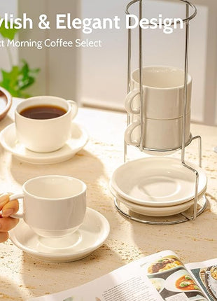 Sweese 8 Ounce Porcelain Stackable Cappuccino Cups with Saucers and Metal Stand - for Specialty Coffee Drinks, Cappuccino, Latte, Americano and Tea - Set of 4, White
