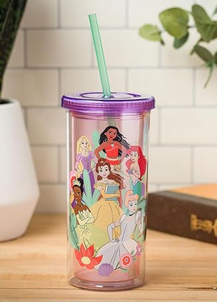 Silver Buffalo Disney Princess Featuring Moana, Rapunzel, Ariel, Tiana, Belle, and Cinderella Plastic Tall Cold Cup with Lid and Straw, 20 Ounces