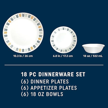 Corelle Vitrelle 18 Piece Glass Dinnerware Sets Service for 6, Triple Layer Chip & Crack Resistant Glass Plate and Bowl Sets, Anders