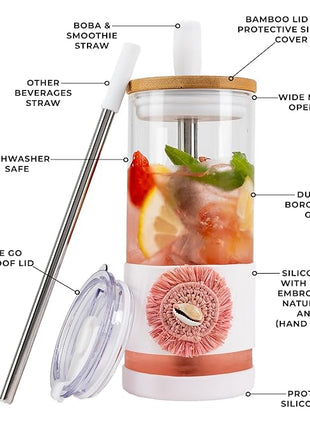 Pandaloo® Glass Cups With Lids and Straws -20 Fl Oz- Perfect Size Iced Coffee Cup - Smoothie Cup With Bamboo Lid and On the go Lid (Ethnic chic-Pink Powder, 1 Count (Pack of 1))