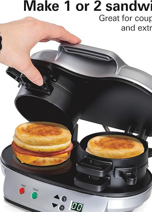 Hamilton Beach Dual Breakfast Sandwich Maker with Timer, Ready in 5 Minutes, Removable Dishwasher Safe PFAS-Free Non-Stick Egg Cooker Ring, Silver (25490MNA)