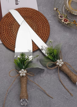 TANG SONG Rustic Style Stainless Steel Wedding Cake Knife and Serving Set Resin Plastic Handle with Artificial Green Leaf shape Design