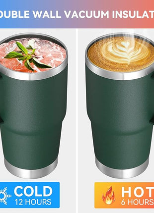 VEGOND 20 oz Tumbler Bulk with Handle Lid and Straw, Stainless Steel Insulated Travel Coffee Mug Set, Spill Proof Double Wall Metal Tumblers Cups, Dark Green 12 Pack