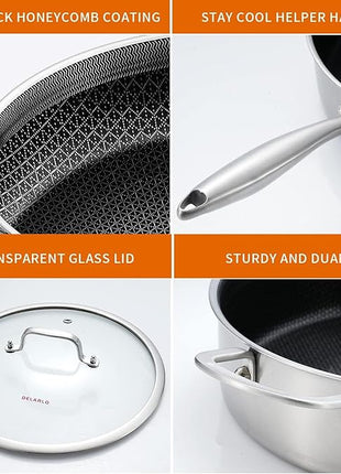 DELARLO Frying Pan,12 inch Tri-Ply Stainless Steel Skillet,6 Quart Saute Pan with lid, Compatible with All Cooktops,Oven Up to 660℉,Chicken Fryer,Dishwasher-Friendly