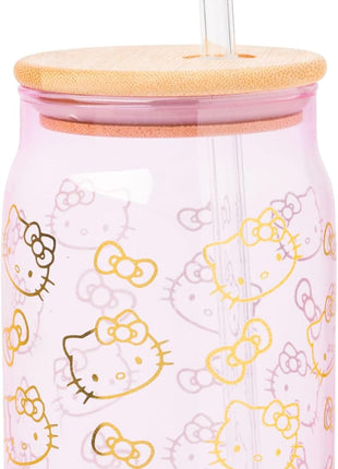 Silver Buffalo Sanrio Hello Kitty Gold 2 Pack Pink Glass Jar Tumbler with Bamboo Lid and Glass Straw, 16 Ounces