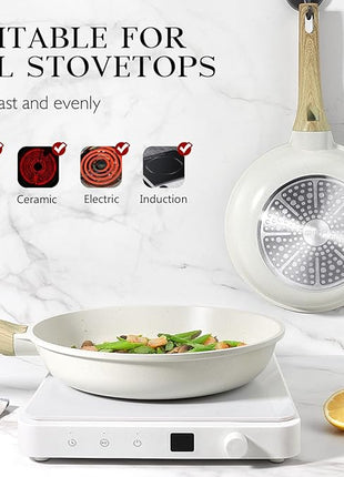 GiPP Nonstick Frying Pan Skillet - 9.5" White Granite Non Stick Fry Pans, Omelette Pan Healthy Stone Cookware Compatible with All Stovetops, PFOA Free