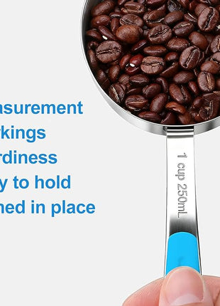 Measuring Cups and Spoons Set Stainless Steel 10 Piece for Cooking and Baking (5 Cups + 5 Spoons, Light Blue Handle)