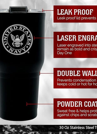 Military Gift Shop US Navy Black Double Wall Vacuum Insulated Stainless Steel Tumbler, Coffee Mug | Disabled Vet Owned Business | Navy 30oz Tumbler