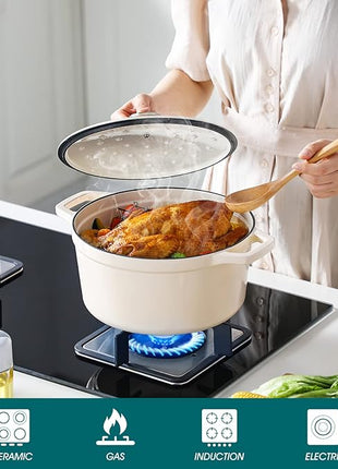 vancasso Cast Iron Dutch Oven, 6 QT Round Pot with Lid and Dual Handles, Non Stick Enamel Coating for Bread Baking, White