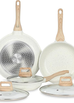 ESLITE LIFE Nonstick Ceramic Frying Pans Skillets Set with Lids, Non-Toxic Egg Omelette Kitchen Cooking Pans Compatible with All Stovetops (Gas, Electric & Induction), PTFE & PFOA Free (White)