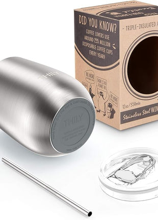 THILY Metal Stemless Insulated Wine Glass T1 Triple-insulated Stainless Steel Wine Tumbler with Lid and Straw, Reusable, Keep Cold & Hot for Wine, Coffee, Drinks, Champagne, Beverage, Silver