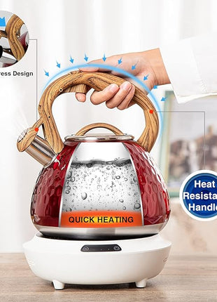 Tea Kettle, Toptier Teapot Whistling Kettle with Wood Pattern Handle Loud Whistle, Food Grade Stainless Steel Tea Pot for Stovetops Induction Diamond Design Water Kettle, 2.7-Quart Red