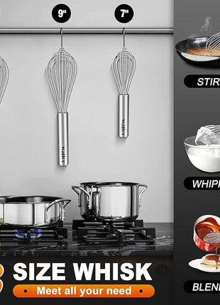Walfos Whisk,304 Stainless Steel whisk,No-Rust 7+9+11inch Whisks for cooking Nice for Blending,Whisking,Beating.Heat resistant 600°F Dishwasher Safe. Heavy duty kitchen whisk.17.7+22.8+27.9cm -SILVER