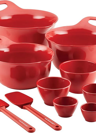 Rachael Ray Pantryware Nesting Mixing Bowls with Built-in spouts and Handles and Measuring Cups For Space-saving storage, Utensil Set, Dishwasher Safe, 10 Piece, Red