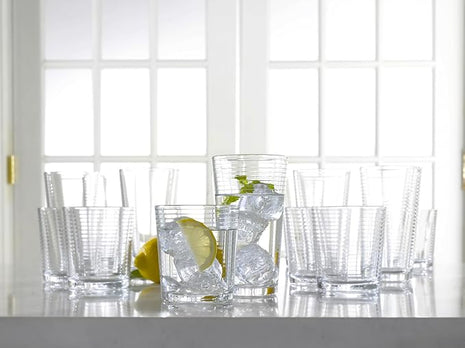 Drinking Glasses - Set of 8 Glass Cups, 4 Highball Glasses (17oz) 4 Rocks Glasses (13oz) Ribbed Glasses for Mixed Drinks, Water, Juice, beer, Wine, Excellent Gift!