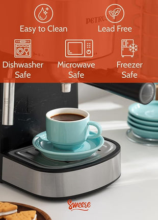 Sweese 2.5 Ounce Porcelain Stackable Espresso Cups with Saucers and Metal Stand Set of 4, Turquoise