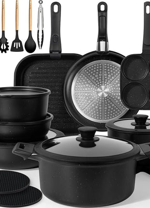 KIKCOIN Pots and Pans Set, 30 Pack Nonstick Cookware Set Detachable Handle, Induction RV Kitchen Cooking Set with Removable Handle, Frying Pans, Casserole - Dishwasher/Oven Safe, PFOA Free