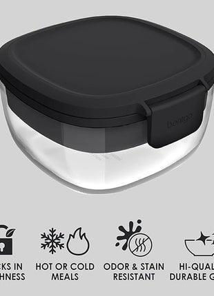 Bentgo Glass All-in-One Salad Container - Large 61-oz Salad Bowl with Lid, 4-Compartment Bento-Style Tray, 3-oz Sauce Container, and Reusable Fork - Dishwasher, Microwave, and Oven Safe (Black Onyx)