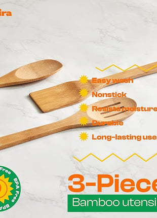 Riveira Dark Bamboo Wooden Spoons for Cooking 3-Piece, Apartment Essentials Wood Spatula Spoon Nonstick Kitchen Utensil Set Premium Quality Housewarming Gifts for Everyday Use