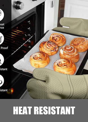 Rorecay 6pcs Oven Mitts and Pot Holders Sets Heat Resistant 500 Degrees, Extra Long Silicone Oven Gloves Non-Slip Potholders Hot Pads for Kitchen Baking Cooking, Quilted Liner, Martini Olive