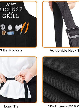 Black Grilling Apron with Pockets, Funny Cooking Apron for Kitchen, BBQ, Outdoor Use, One Size Fits All, Great Gift for Men – Dad, Husband, Boyfriend