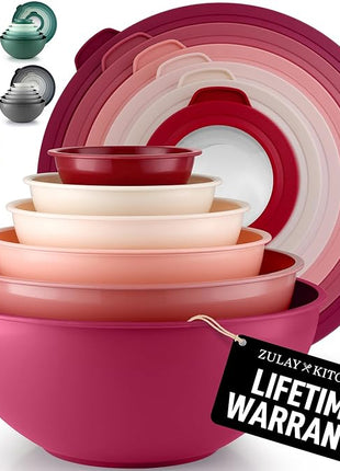 Zulay Kitchen 12 Piece Plastic Mixing Bowls with Leak-Proof Lids Set - Microwave and Freezer Safe Kitchen Mixing Bowls for Preparing, Serving and Storing - Large Nesting Bowls (Red Ombre)
