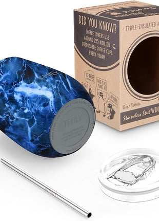 THILY Wine Tumbler Stainless Steel Insulated 12 oz Stemless Wine Glass with Slide Lid and Metal Straw, Travel Cup Keep Cold for Coffee, Cocktails, Abysmal Sea