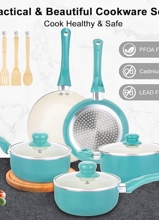 Pots and Pans Set Nonstick, 11pcs Kitchen Cookware Sets Induction Cookware, Ceramic Non Stick Cooking Set, Stay Cool Handle & Bamboo Kitchen Utensils, 100% PFOA Free, Turquoise
