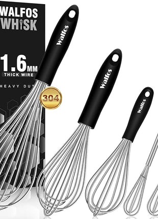 Stainless Steel Whisk Set with 7"+5" Mini whisks, Walfos Heavy Duty Whisks, Kitchen wisk (7+9+11in) Premium for Whisking, Blending, Beating, Frothing & Stirring.