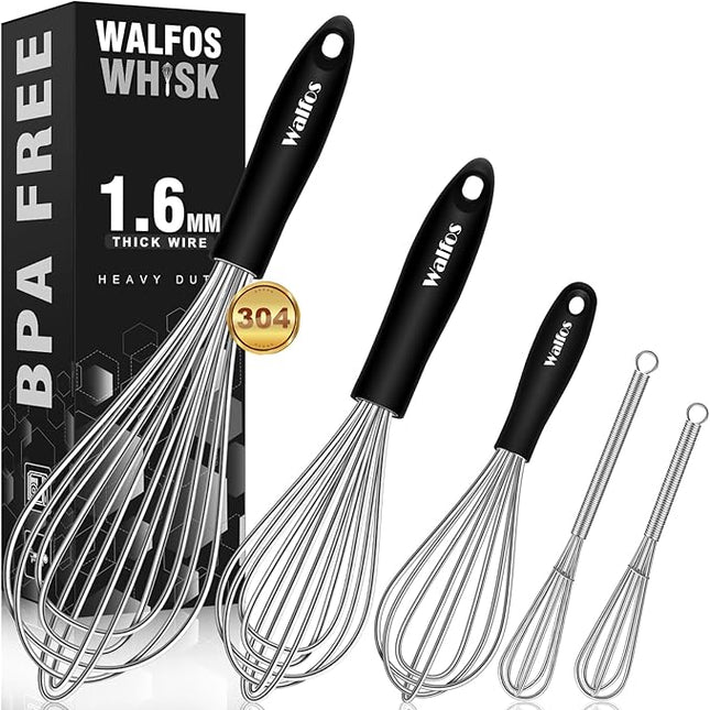 Stainless Steel Whisk Set with 7"+5" Mini whisks, Walfos Heavy Duty Whisks, Kitchen wisk (7+9+11in) Premium for Whisking, Blending, Beating, Frothing & Stirring.