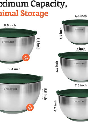Priority Chef Premium Mixing Bowls With Airtight Lids Set, Thicker Stainless Steel Mixing Bowl Set, Large Prep Metal Bowls with Lids, Nesting Bowls for Kitchen, 1.5/2/3/4/5 Qrt, Green