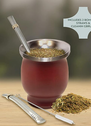 Norte Yerba Mate Cup Kit, 8-Ounces Traditional Mate Tea Cup/Gourd Set | Includes 2 Bombillas (Yerba Mate Straw) & Cleaning Brush, Stainless Steel Cup, Double-Walled, Easy to Clean | Burgundy