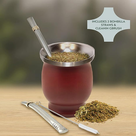 Norte Yerba Mate Cup Kit, 8-Ounces Traditional Mate Tea Cup/Gourd Set | Includes 2 Bombillas (Yerba Mate Straw) & Cleaning Brush, Stainless Steel Cup, Double-Walled, Easy to Clean | Burgundy