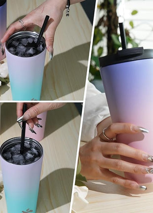 22 OZ Insulated Tumbler with Lid and 2 Straws Stainless Steel Water Bottle Vacuum Travel Mug Coffee Cup,ArmyGreen