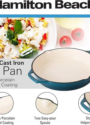 Hamilton Beach Enameled Cast Iron Fry Pan 12-Inch Navy, Cream Enamel Coating, Skillet Pan For Stove top and Oven, Even Heat Distribution, Durable