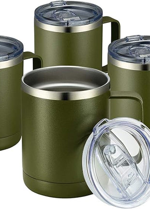 MEWAY 12oz Coffee Mug With Handle 4 Pack Bulk,Stainless Steel Insulated Travel Tumblers With Sliding Lid,Double Wall Vacuum Camping Cup for Hot & Cold Drinks Tea (Army Green,Set of 4)